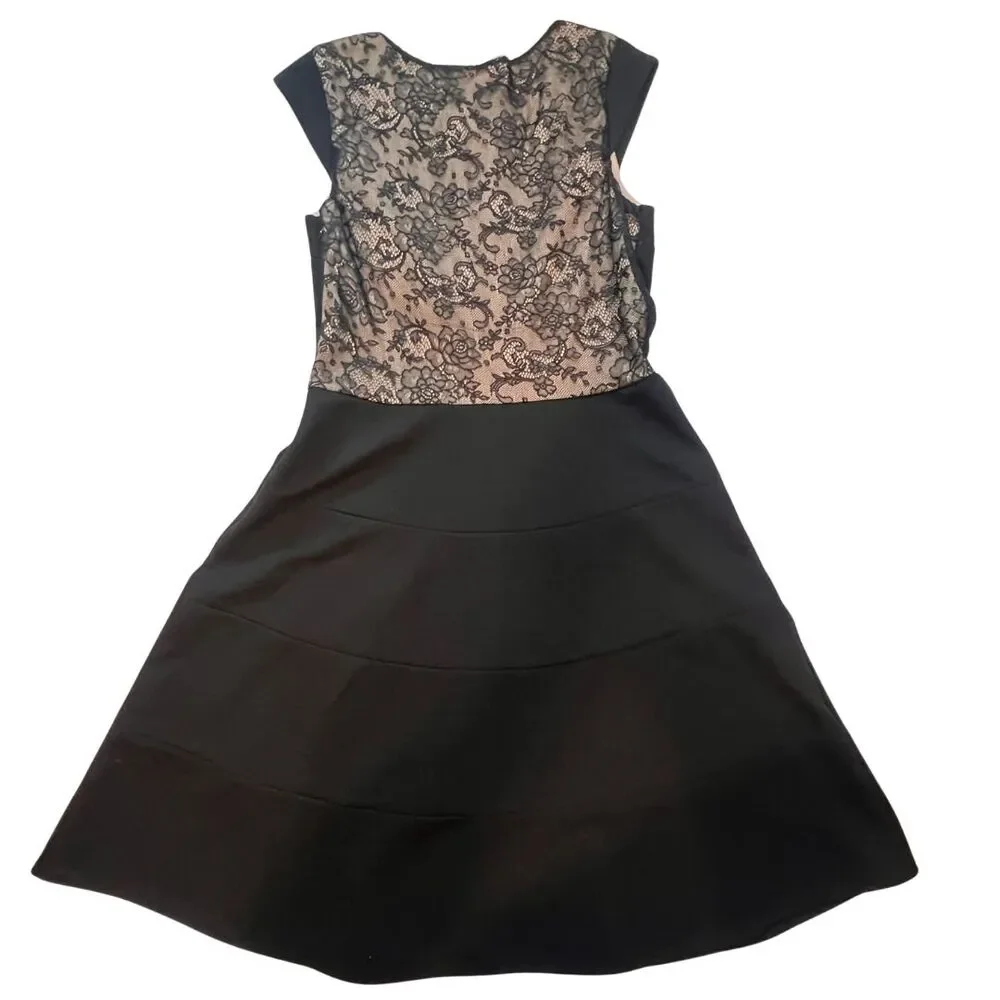 Betsy Johnson Cocktail Dress 10 Black Floral Lace Cap Sleeve Asymmetrical Flare - Picture 2 of 11